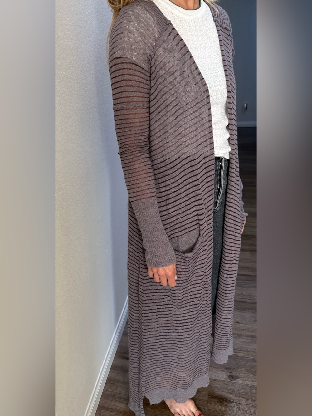 Free People Long Striped Open-Front Cardigan in Taupe and Dark Brown